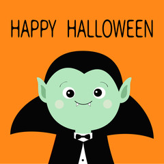 Happy Halloween. Count Dracula headwearing black and red cape. Cute cartoon vampire character. Green sad face with fangs. Greeting card. Flat design. Orange background. Isolated.