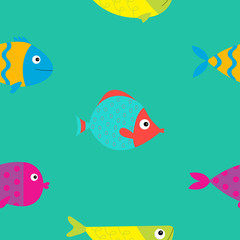 Naklejka premium Cute cartoon fish icon set. Seamless Pattern. Flat design. Baby kids collection. Colorful aquarium animals. Green background. Isolated. Wrapping paper, textile template.