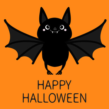 Happy Halloween. Bat flying. Cute cartoon baby character with big open wing, ears, legs. Black silhouette. Forest animal. Flat design. Orange background. Isolated. Greeting card.