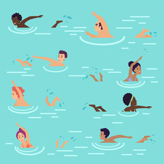 Vector cartoon flat summer seamless pattern with people swimming in the sea or pool. Swimmers in water.