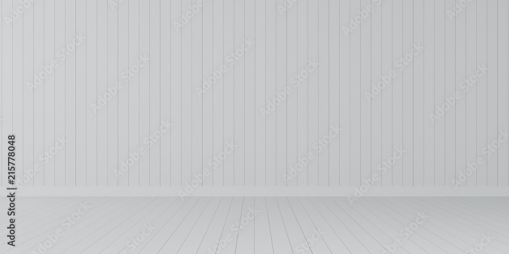 Poster Stimulate scene of white empty room with wood stripped texture, Perspective of minimal architecture. 3D rendering