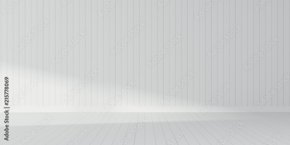 Leinwandbilder stimulate scene of white empty room with sun light cast shadow on the laminate wood wall and plank f