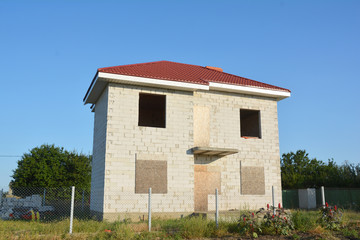 Closed door and windows in new building construction house for safe and protection with metal roofing.