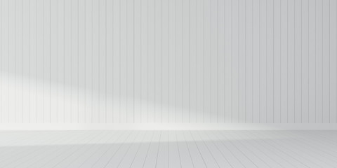 Stimulate scene of white empty room with sun light cast shadow on the laminate wood wall and plank...