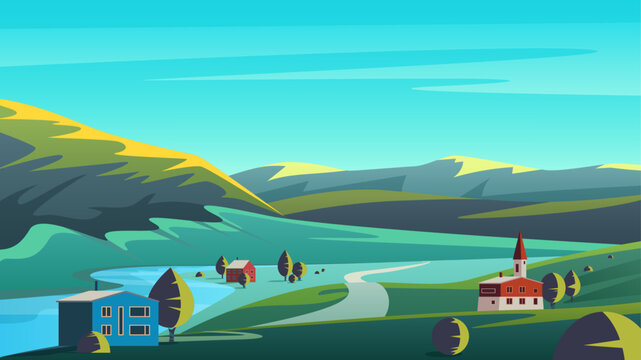 Colorful vector illustration panorama eco landscape with small town placed on lands of remote valley with mountains and blue sky.