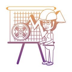 cartoon woman with presentation board with cryptocoins and financial arrow over white background, vector illustration
