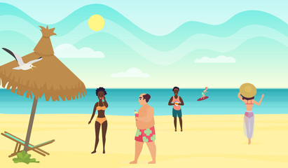 People on the beach cartoon vector illustration.