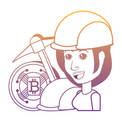 bitcoin coin with cartoon woman and pickaxe tool over white background, vector illustration