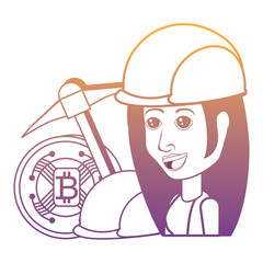 cryptocurrency concept design with bitcoin coin and pickaxe with cartoon woman over white background, vector illustration