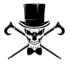 Skull in a hat with a cane and a bow tie. Vector black and white image.
