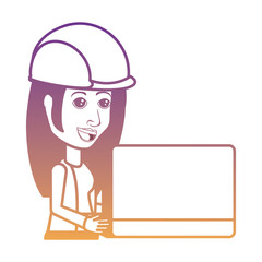 cartoon woman with safety helmet and using a laptop computer over white background, vector illustration