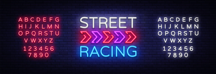 Street Racing Night Neon Logo Vector. Racing neon sign, design template, modern trend design, sports neon signboard, night bright advertising, light banner, light art. Vector. Editing text neon sign