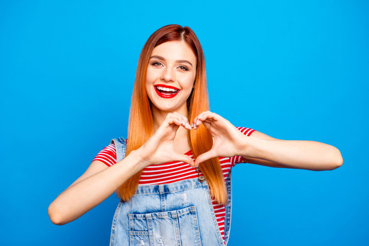 Health care people person denim clothes outfit funny t-shirt concept. Close up photo portrait of lovely sweet cute nice glad charming girl giving you her heart isolated bright vivid background