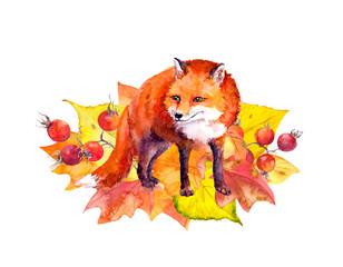 Cute fox in autumn leaves. Watercolor