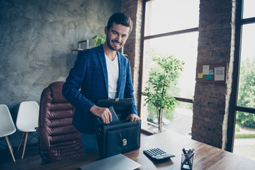 Attractive handsome young brunet bearded executive worker smiling cheerful man, accountant at...