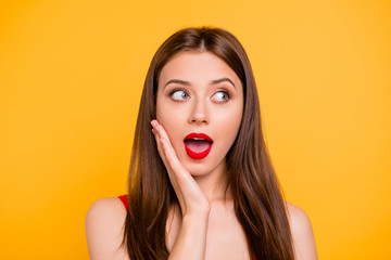 Summer sale?! Close up portrait of coquettish and charming brunette with red lipstick on her lips...