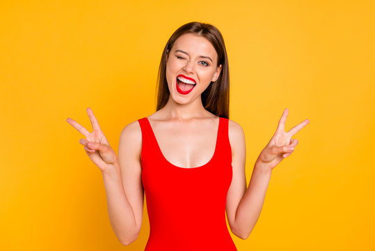 Travel optimistic lifestyle leisure dream daydream people person concept. Photo portrait of dreamy rejoicing beautiful attractive lady making double two fingers sign isolated bright background