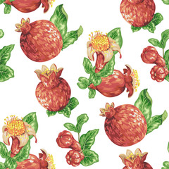 Seamless pattern with pomegranate fruits, buds and flowers in vector
