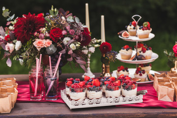 Set of glasses with berries dessert on wedding reception. Tasty summer mood