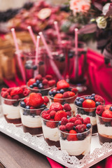 Set of glasses with berries dessert on wedding reception. Tasty summer mood