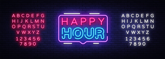 Happy Hour neon sign vector design template. Happy Hour neon logo, light banner design element colorful modern design trend, night bright advertising, brightsign. Vector. Editing text neon sign