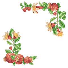 Angle border frame with fresh juice pomegranate fruits in vector graphic illustration