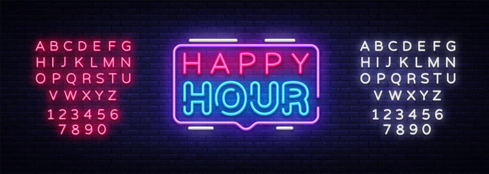 Happy Hour Neon Sign Vector Design Template. Happy Hour Neon Logo, Light Banner Design Element Colorful Modern Design Trend, Night Bright Advertising, Brightsign. Vector. Editing Text Neon Sign