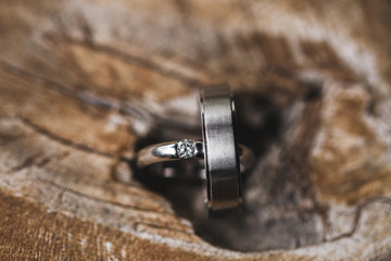 Jewelry shot of wedding rings on wooden texture with shadows of tropical leaves. Beautiful light