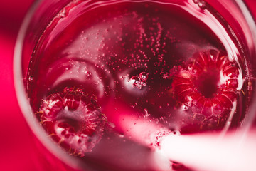 Various cold fresh drinks, berries lemonade closeup on wedding reception