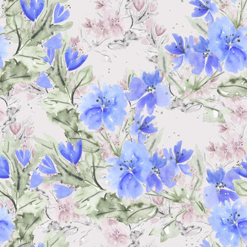 Seamless watercolor floral pattern . Blue, pink flowers on light background.