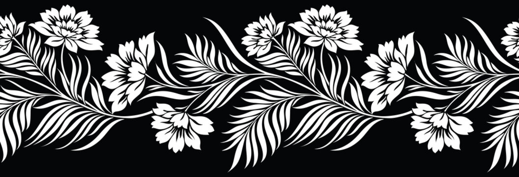 Seamless black and white floral border
