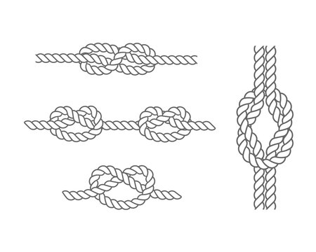 Set of sea knots and loops. Cable rope, tied, untied.