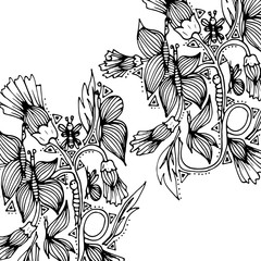 Fototapeta premium Spring field flowers with butterflies, insects, doodle, hand drawn pattern