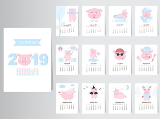 Fototapeta na wymiar Funny animal calendar 2019 design,The year of the pig monthly cards templates,Set of 12 month,Monthly kids,Vector illustrations. 