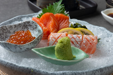 various  sashimi on shaved ice