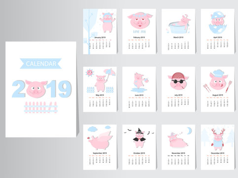 Funny animal calendar 2019 design,The year of the pig monthly cards templates,Set of 12 month,Monthly kids,Vector illustrations. 