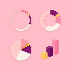 Stylish pink chart diagram vector set. Ring, pie, donut and column graph blank infographics material flat design element templates on minimal pink background.
