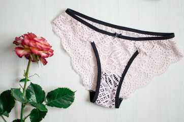 Cute sexy pink panties with the flower on the white background. Lace women's underwear with rose...