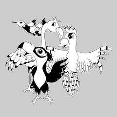 Tropical birds. Tukan, parrot, flamingo, hummingbird, vector illustration, black and white, hand-drawn, gray background © Korinsky