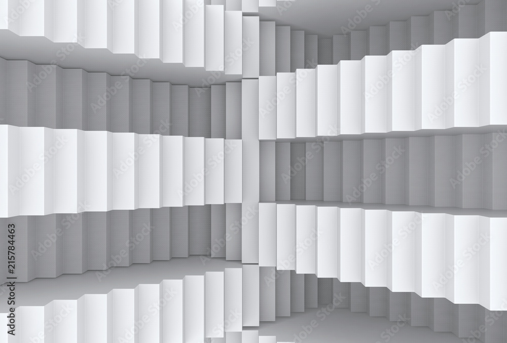 Poster 3d rendering. illusion of random gray stairs wall background.