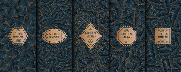 Set of golden luxury templates. Gold autumn leaves background. Vector illustration.