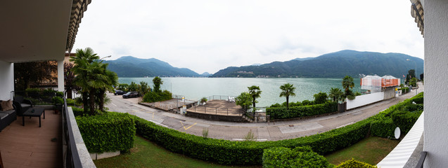 Fototapeta na wymiar Terrace overlooking the Lake of Ceresio in Switzerland
