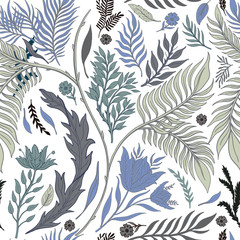 Abstract nature seamless pattern hand drawn. Ethnic ornament, floral print, textile fabric, botanical element. Vintage retro style. Image of flowers of leaves and other natural objects.