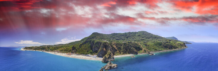 Fototapeta premium Panoramic aerial view of Tonnara Beach in Calabria with Scoglio Ulivo, Italy