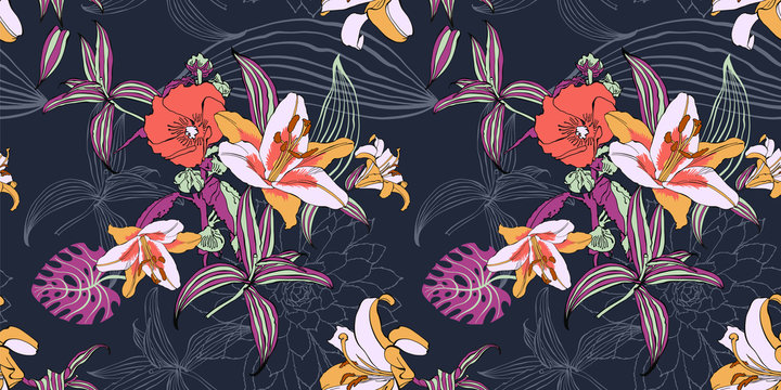 seamless artistic flower pattern, beautiful tropical floral exot