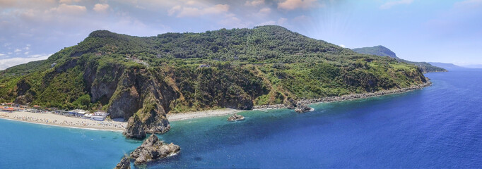 Panoramic aerial view of Tonnara Beach in Calabria with Scoglio Ulivo, Italy