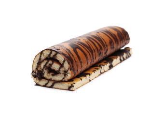 Chocolate roll with cocoa cream isolated on white background