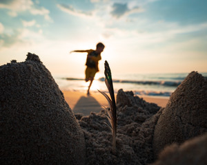 silhouette of boy playing on the beach