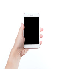 Concept of woman's hand holding a smartphone isolated on white background, clipping path, blank for webpage or message.
