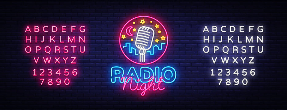 Radio Night Neon Logo Vector. Radio Night neon sign, design template, modern trend design, Radio neon signboard, night bright advertising, light banner, light art. Vector. Editing text neon sign